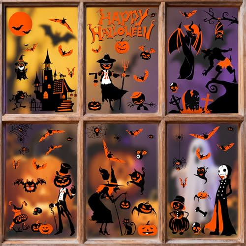 Pegatinas para Ventana de Halloween 9 Hojas Calabaza Calavera Fantasma Murciélago Adornos Halloween para Casa Adhesivos Reutilizables para Ventanas 30x20cm