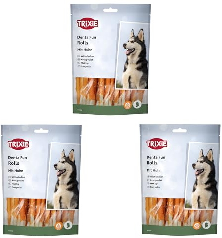 TRIXIE Denta Fun Rolls Huhn | 3er Pack | 3 x 240 g | Ergänzungsfuttermittel für Hunde | 30 Stück à 12 cm | Kaubeschäftigung und zur Zahnpflege | Glutenfreie Rezeptur