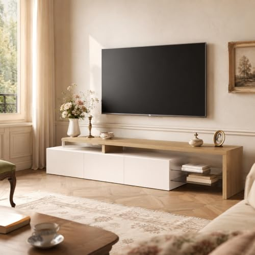 Mobile TV per TV fino a 85 Pollici, Mobile per Televisore a 2 Scomparti con Ripiani in Vetro, elegante mobile TV Lowboard con 3 ante, mobiletto tv per soggiorno, camera da letto, Bianco Lucido