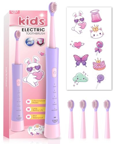 JTF Kids Electric Toothbrush 3-12 with 5 Cleaning Modes & Funny DIY Sticker | 4 Brush Heads, Smart Timer, IPX7 Waterproof, 2 Hours Charge for 75-120 Days, Powerful & Gentle for Girls Boys, Pink & Purple