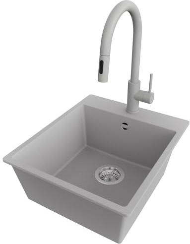 PRIMAGRAN Granitspüle ab 45er Unterschrank + Küchenarmatur, 43x50cm | Set: Küchenarmatur BW9010 + Ablauf-Set (Siphon, Ablaufgarnitur, Überlauf) + Spülbecken 1 Becken - Riga, Grau