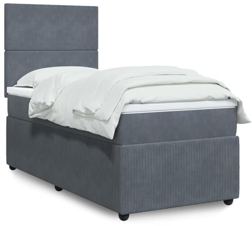 QJBSAVVA Boxspringbett 90x200 Samt Dunkelgrau mit Matratze & Auflage, Höhenverstellbares Kopfteil, Mittel-Federung, Jugendzimmer Gästezimmer Schlafzimmer