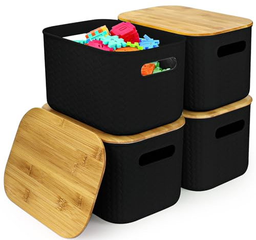 RWFMO 4 Pcs Plastic Black Storage Baskets with Bamboo Lid for Bathroom | Stackable Design, Wicker Storage Boxes with Handle for Home Kitchen, Office and Wardrobe, 24 x 16.5 x 15.5cm