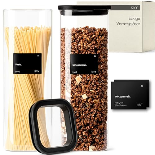 KIVY Vorratsgläser mit transparenten Glasdeckel - 2x 2200ml - Luftdicht | Nudelgläser mit Deckel - Müsli Aufbewahrung Glas - Aufbewahrung Spaghetti - Große Dose für Spaghetti Glas - BPA Frei