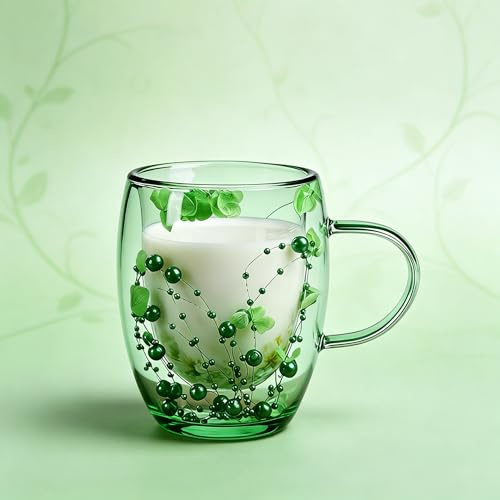 hogarevrumah Glass Coffee Mug, 350ml Dried Flowers Double Walled Glass Mug with Handle, A Gift for a Friend, Heat Resistant Clear Glass Tea Cup for Milk, Latte, Home Office