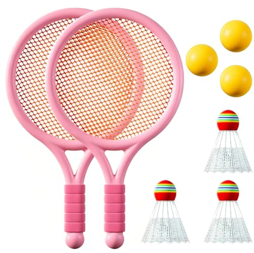 Tennisracketar för barn, racketset, 2 racketar, 3 badmintonbollar, 3 tennisbollar, lämplig för utomhus- och inomhussporter (rosa)
