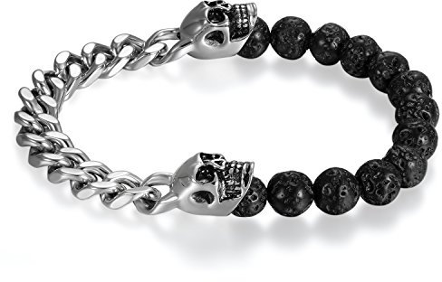 JewelryWe Schmuck Lava Buddha Herren Armband, Totenkopf Schädel Gotik poliert Panzerkette, Edelstahl, Silber schwarz