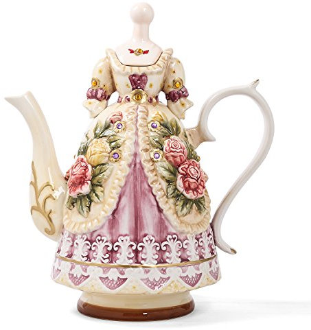 FORLONG Large Ceramic Teapot and Coffee Pot with Lid, 3D Embossed Victoria Pink Rose Flowers Decorative Teapot(Red)