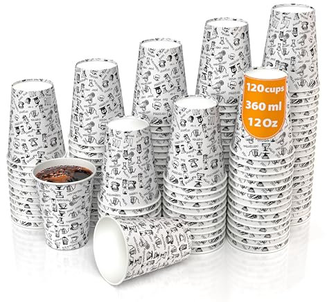 CupCup 120 Pappbecher 360ml 12 Oz mit Deckel und Holz Rührstäbchen - Kaffeebecher to Go Zum Servieren von Kaffee, Tee, heißen und kalten Getränken
