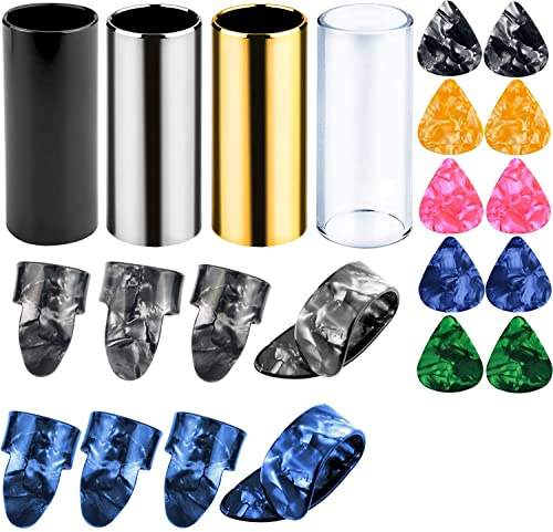 Augshy 4 Stück mittelgroße Gitarren-Slides für Akustikgitarre, Edelstahl-Gitarren-Slides für Elektro-, Glasgitarren-Slides und 8 Stück Kunststoff-Daumen- und Fingerplektren, Gitarrenzubehör