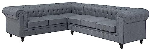 Edles Chesterfield Ecksofa linksseitig Polsterbezug hellgrau Chesterfield