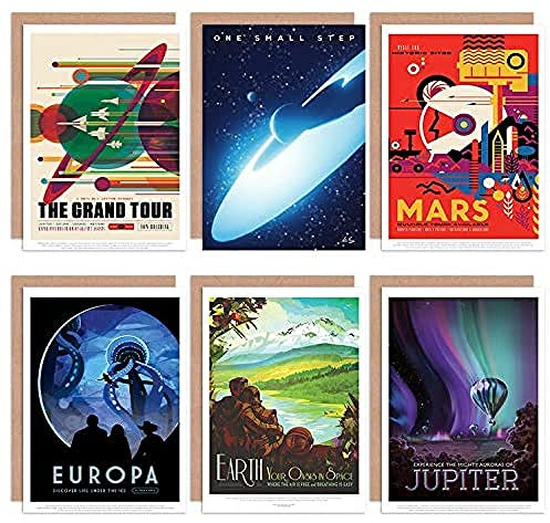 Artery8 NASA Space Travel Grand Tour Mars Earth Europa Jupiter All Occasions Various Assorted Blank Greeting Cards With Envelopes Pack of 6