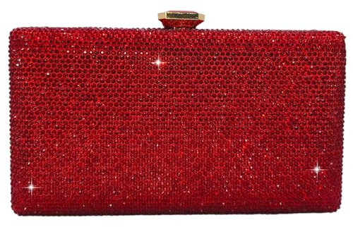 Boutique De FGG Elegante Borsa da Sera con Cristalli per Donna Borse Serali Formale con Strass Stilosa Borsa a Scatola Borsa da Sposa, Piccolo, Rosso
