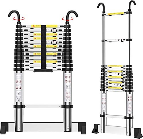 Teenza Teleskopleiter 3,8m, Aluminium-Haushaltsleiter mit Haken, TragfäHigkeit 150kg, füR Den Zugang Zum Dachboden, Zum Streichen, Zum Anlegen Eines Gartens, usw.