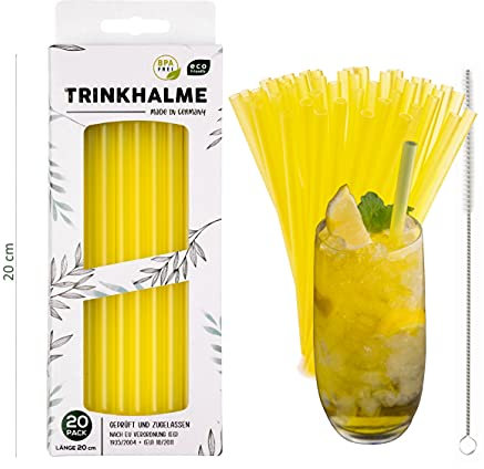 Pailles réutilisables de haute qualité, 20 pièces, 20 cm, jaune, fabriquées en ALLEMAGNE, en plastique, lavables au lave-vaisselle avec brosse de nettoyage, idéales aussi pour les enfants (jaune, 20)