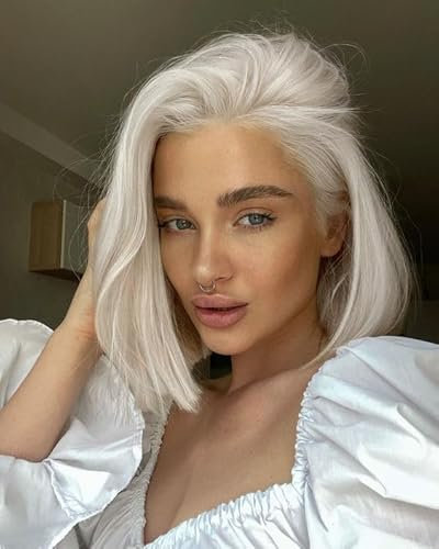 VEBONNY Ästhetische Silberblonde Bob-Perücken für Frauen, Synthetische Lace Front Perücke Platinblonde 613 Kurz Bob Perücke mit Mittelscheitel Klebstofffreie Perücke 12 Zoll VEBONNY-035-12