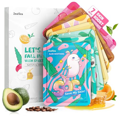 Tuchmasken Gesicht, Masken Beauty, Zealsea Natürlich Gesichtsmaske für Teenager Mädchen Geschenke, Pamper Tuchmaske Beauty Set für Kinder & Frauen Spa Party, Feuchtigkeitsspendend, Beruhigend 7Stück
