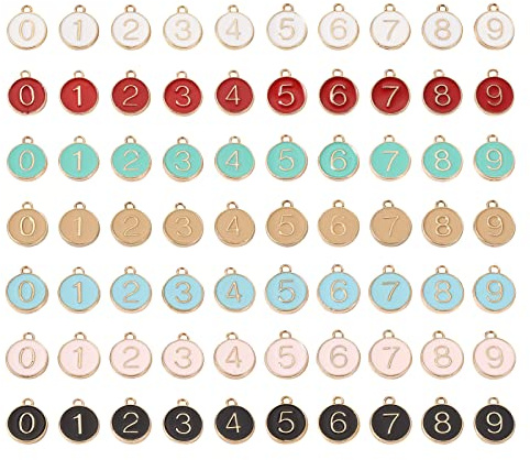 Cheriswelry 70 Stück Legierung Emaille flach rund mit 0-9 Zahlen-Anhängern Anhänger Charms baumeln leicht vergoldet für DIY Schmuck Halskette Armband Herstellung