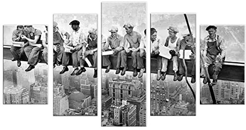 ZHONGYUTONG Schwarz Weiß Leinwandbild Vintage New York Wolkenkratzer Mittagessen Arbeiter Wandbild Gemälde Landschaft Poster für Zuhause Wohnzimmer (150x80cm, Kein Rahmen)