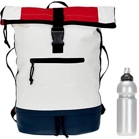Elephant Rucksack Herren Damen Plane Time Bag COMP Fahrradrucksack Kurierrucksack Roll-Top A4 mit Laptopfach, Bodenfach 12823 + Flasche (Tri Color WBR (weiss))