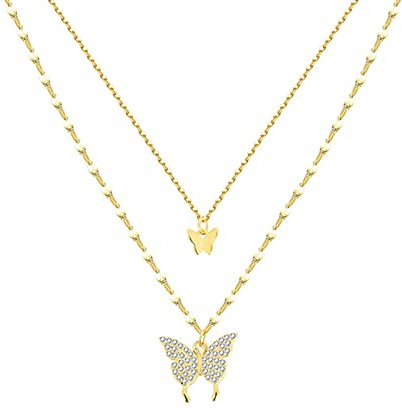 925 Sterling Silber Glänzende Schmetterling Quaste Halskette Weibliche Exquisite Doppelschicht Anhänger Clawicle Kette Hochzeit Schmuck-Gold,40cm