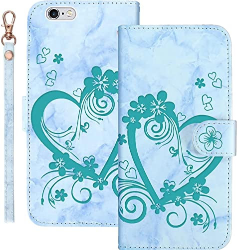 Jeffene Handyhülle für iPhone 6 Plus/iPhone 6S Plus (5.5 Zoll) Hülle,Blume Liebe Herz Muster Marmor PU Leder Tasche Flip Case Cover Etui Brieftasche Schutzhülle Lederhülle Klapphülle-Grün