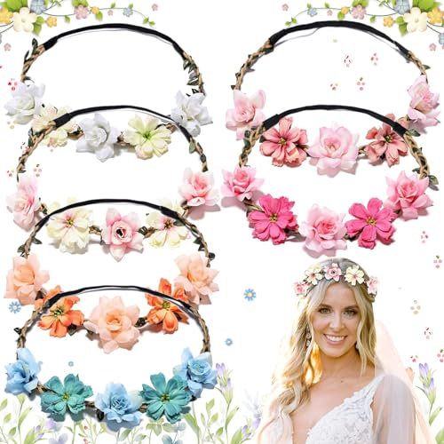 Weploda 6 Stück Damen Haarband Blumen, Blumenkranz Haare Kinder, Haarkranz Blumen Stirnbänder, Blumenkranz Haarband Blumenkrone Braut Frauen, Für Den Alltag Und Fotoshootings
