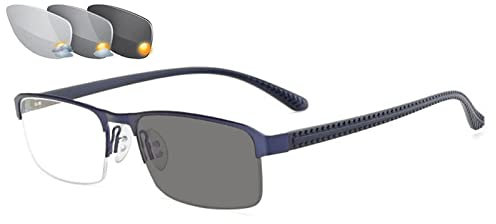 JYCCH Halbrahmen-Lesebrille für Herren, intelligente Farbwechsel-Sonnenbrille für den Außenbereich, elastische Bügel, photochrome Brille für ältere Menschen, GunColor-+0.00 (Blau)