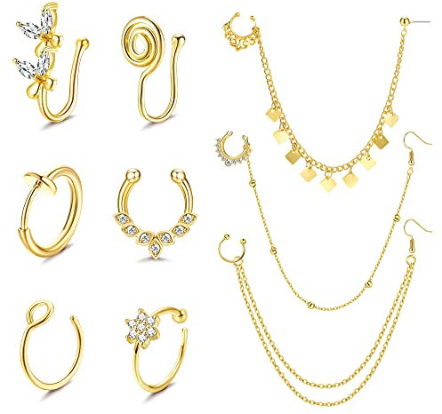 Kakonia Fake Nose Ring Septum Piercing für Damen Fake Nasenring mit Kette, Nase zu Ohr, Kette mit Quaste, Zirkonia Schmetterlings Fake Nasenpiercing Ring