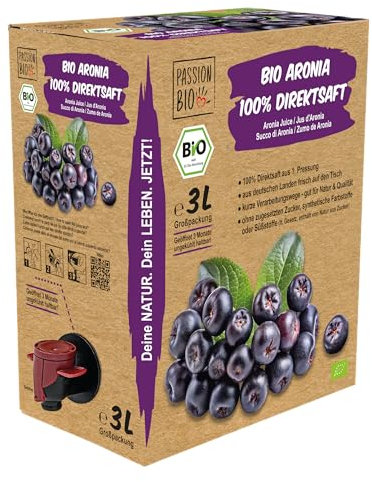 Bio Aronia Direktsaft, 3 Liter - aus deutschem Anbau - Aroniasaft aus 100% Aroniabeeren, 30 Tage Vorratspackung - ohne zugesetzten Zucker, ohne Süßstoffe (lt. Gesetz), enthält von Natur aus Zucker