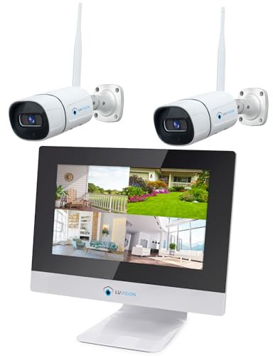 LUVISION Überwachungskamera Set Aussen WLAN mit Monitor (2 Kameras) - Kabellos & WiFi Überwachungssystem IP65 mit Nachtsicht & Mikrofon - App, Mail & SMS Nachricht - Außen Kamera zur Überwachung