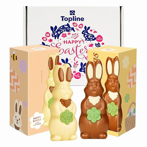Easter Chocolate Hamper for Easter Gifts - Sweets Gift Box of 2 White & Milk Chocolate Happy Bunny Figures 90g Great Chocolate Hamper for Kids, Easter Egg Hunts