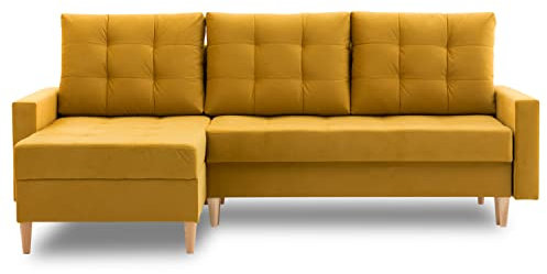 Ecksofa Lena 227x148 mit schlaffunktion und Bettaksen - Klassisch Design - Eckcouch mit Stauraum - Auffälliger Kronos Stoff - Kissen - Holzfüße - Auswahl an Farben (Kronos 01 Links)