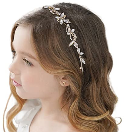IYOU Blumenmädchen Stirnband Gold Kristall Kopfschmuck Kommunion Hochzeit Haar Reben Braut Haarschmuck für Mädchen