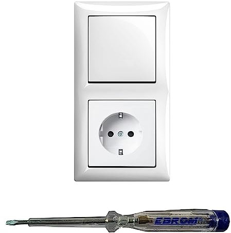 Busch Jäger Lichtschalter Taster Tastschalter 2020 US und Steckdose mit Kinderschutz 20EUCKS-914 in Balance Si alpinweiß glänzend inkl. EBROM Phasenprüfer zur Montage der Geräte