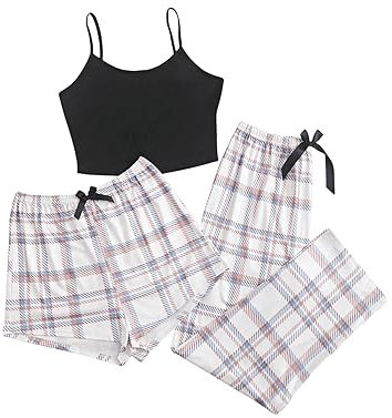 GORGLITTER Lot de 3 pyjamas pour femme - Ensemble de pyjama à carreaux - Ensemble pyjama à carreaux, Noir , S