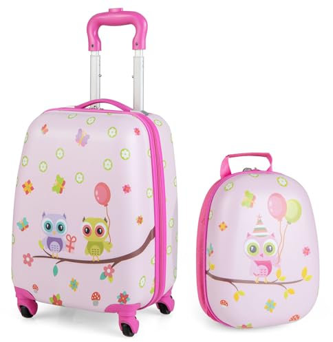 DREAMADE Valise Enfant 16 et Sac à Dos 12 avec Bandoulière Réglable Bagage à Main avec 4 Roues Universelles,Poignée Télescopique,Valise Portable Coloré Fille et Garçon(Hibou Rose)