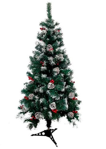 Tradineur - Albero di Natale con ananas e bacche, in pino artificiale verde con punte bianche, struttura in plastica e metallo rivestito, robusto e durevole, facile da montare, 120 cm