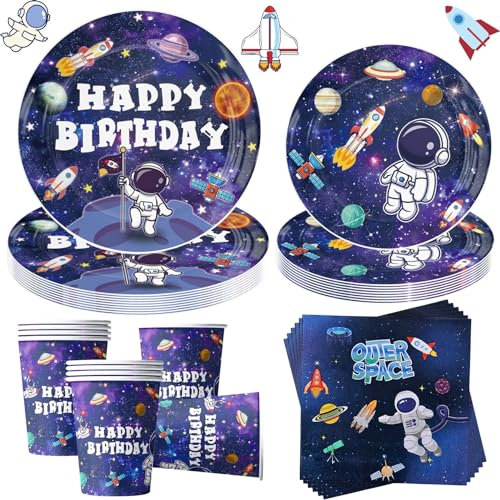 OMZSXK 50 Stück Weltraum Partygeschirr für 10 Gäste,Weltraum Partyteller Geburtstag Geschirr,Astronaut Pappteller Becher Servietten für Kindergeburtstag Deko