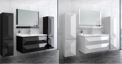 Faizee Möbel | Badmöbelset Miran 90 cm Schwarz Hochglanz | Badezimmermöbel mit Waschtisch & 2X Seitenschränken | Modernes Design & viel Stauraum | Perfekt für stilvolle Badezimmer