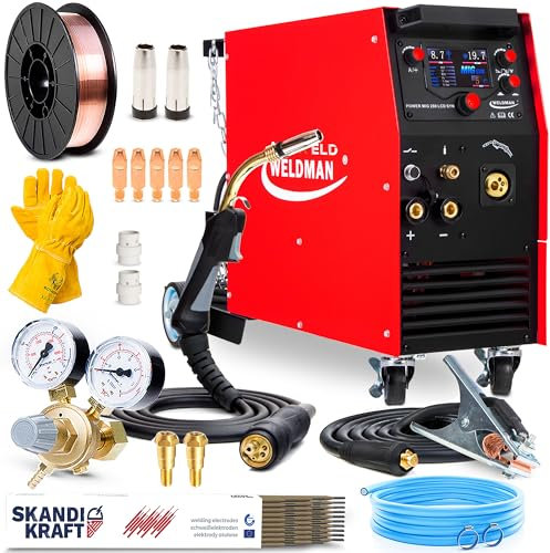 Weldman POWER MIG 280 LCD SYN - Saldatrice a Filo Continuo con Gas da 250 A - Con Carrello, Sinergia, 4 Rulli di Alimentazione, Spool Gun - MMA, TIG DC - Induttanza, Saldobrasatura - 2T/4T - Set Basic
