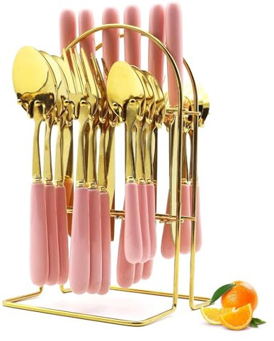 Juego de cubiertos de oro de 24 piezas, cuchillo de acero inoxidable y tenedor de cuchara Service Set de 6 piezas, juego de vajilla con soporte de cubiertos