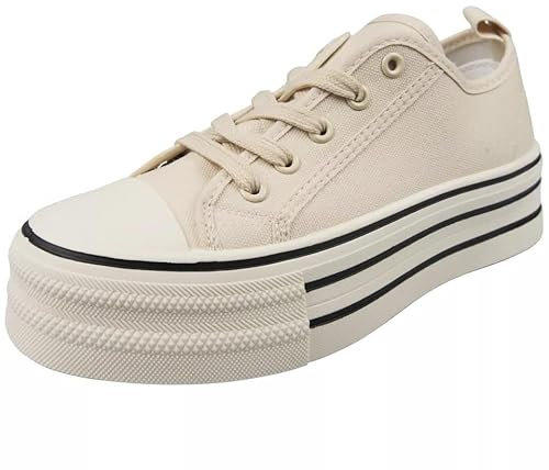 LoudLook Ladies Platform Trainers Canvas Pumps Gym Lace Up Comfy Heel Summer Casual Shoes Sizes Beige 8