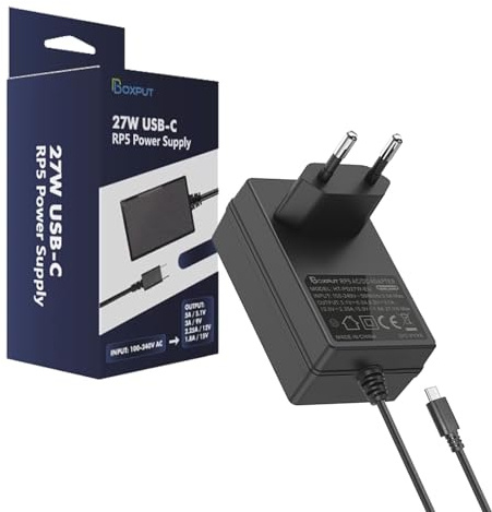 BOXPUT Adaptateur Secteur de Remplacement pour Raspberry Pi 5, Adaptateur Secteur 5V 5a 27w, Adaptateur CC AC, Prise européenne Compatible avec Raspberry Pi 5。