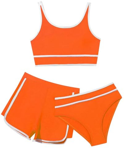 3 Stück Mädchen Bikini Sets Schwimmanzug Kinder Einfarbiges Strand Bademode Bikini Oberteil mit Triangel Bikinihose Und Kurz Shorts Teenager Badeanzüge mit Verstellbare (B01-Orange, 8-9 Years)