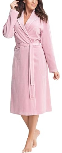 Aquarti Damen Velours Bademantel Nicki Morgenmantel mit Schalkragen zum Binden, Farbe: Puderrosa, Größe: L