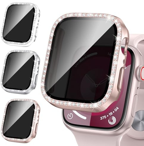 Neitra [3Pezzi] Brillantini Privacy Cover per Apple Watch Series 6/5/4/SE 2023 44mm, Custodia Protettiva Bling con Anti-Spia Vetro Temperato, Duro Bumper Case per iWatch 44mm, Bling Cover per Donna