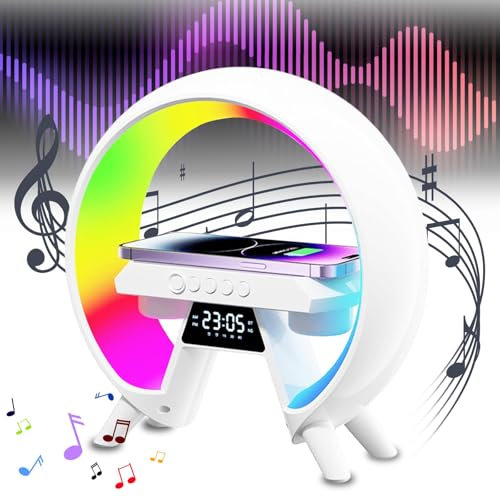 GOMETY LED Nachttischlampe mit Ladefunktion, Neue Intelligente Lichtwecker LED Tischlampe 4-in-1 Kabelloses Lautsprecher 5V 1A Bluetooth Alarm Clock mit Musik Dimmbar Nachtlicht für Schlafzimmer