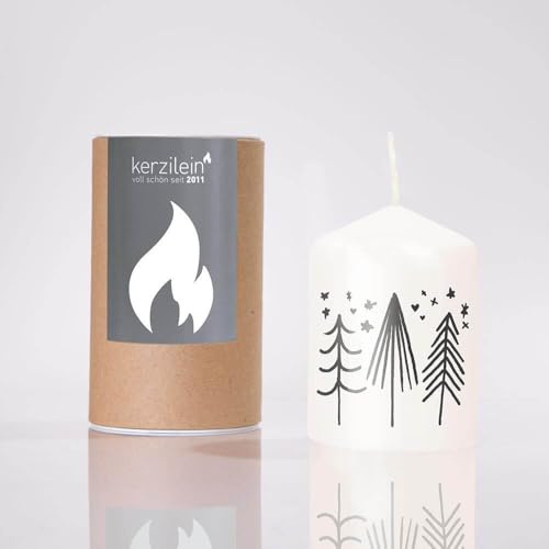 kerzilein Flämmchen BÄUME weiß/anthrazit, Stumpenkerze klein 8 x 6 cm, Spruchkerze handveredelt, Geschenkidee zu Weihnachten, Tannenbäume, Weihnachtsbäume