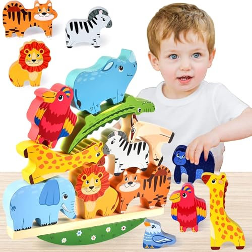Maxricus Montessori Toys for 1 2 3 Year Old Boys Girls Gifts - Wooden Animal Toy for Toddlers,Stacking Blocks Toy,Colorful Animal Building Toys,Birthday Gifts for 1 2 3 Year Old Boys Girls Presen